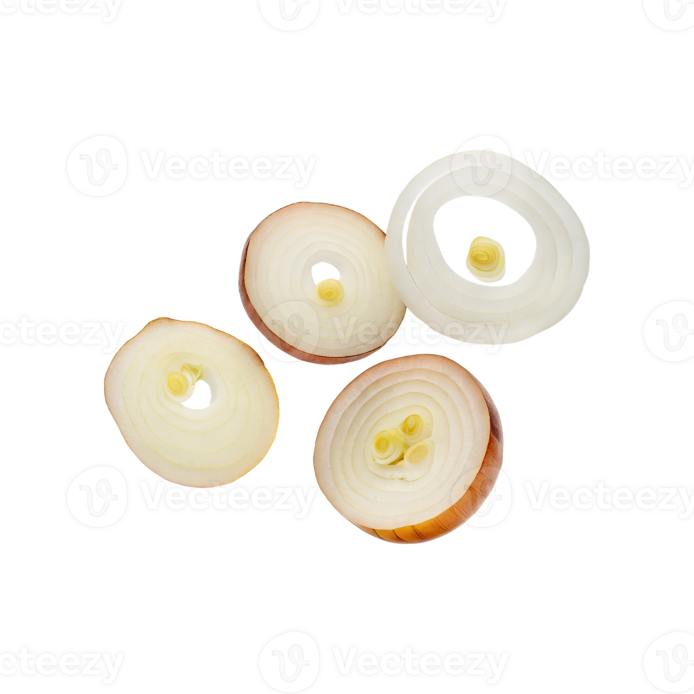AI generated Floating Slices Of Bombay Onion, Without Skin, Without Shadow, Isolated Transparent Background png