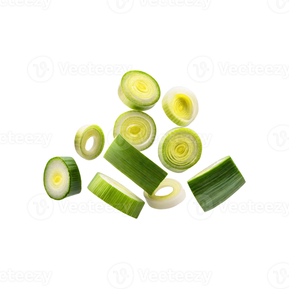 AI generated Floating Slices Of Leek, Without Shadow, Isolated Transparent Background png