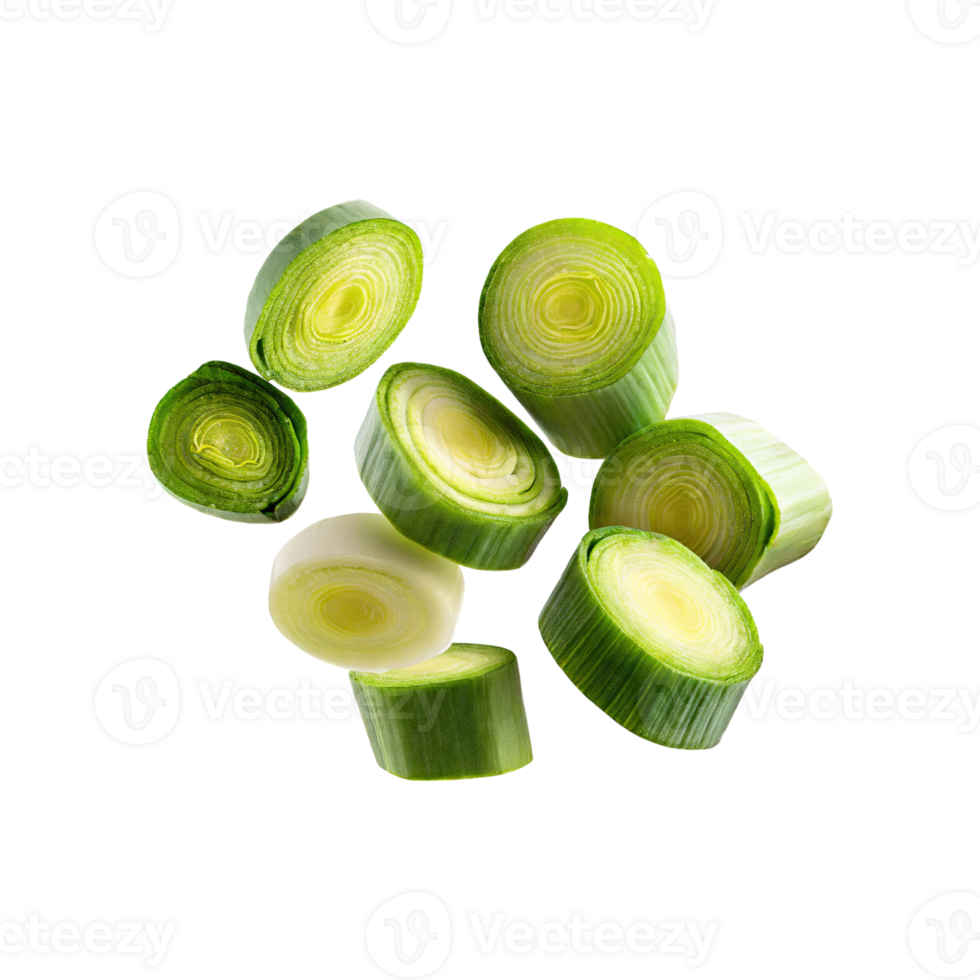 AI generated Floating Slices Of Leek, Without Shadow, Isolated Transparent Background png