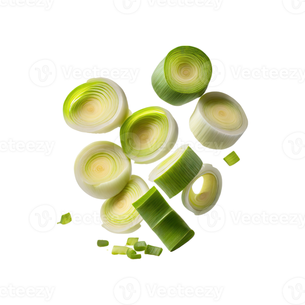 AI generated Floating Slices Of Leek, Without Shadow, Isolated Transparent Background png