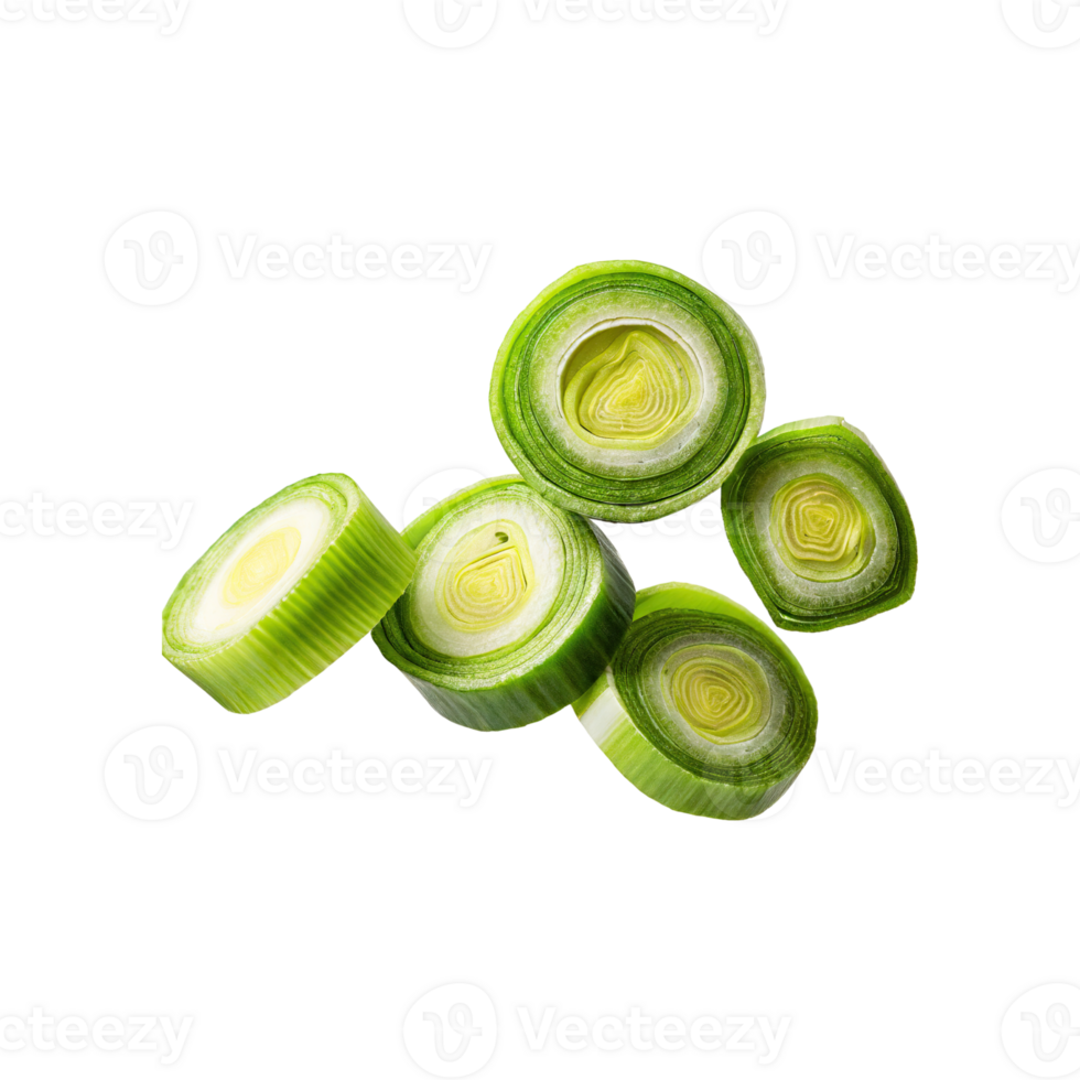 AI generated Floating Slices Of Leek, Without Shadow, Isolated Transparent Background png