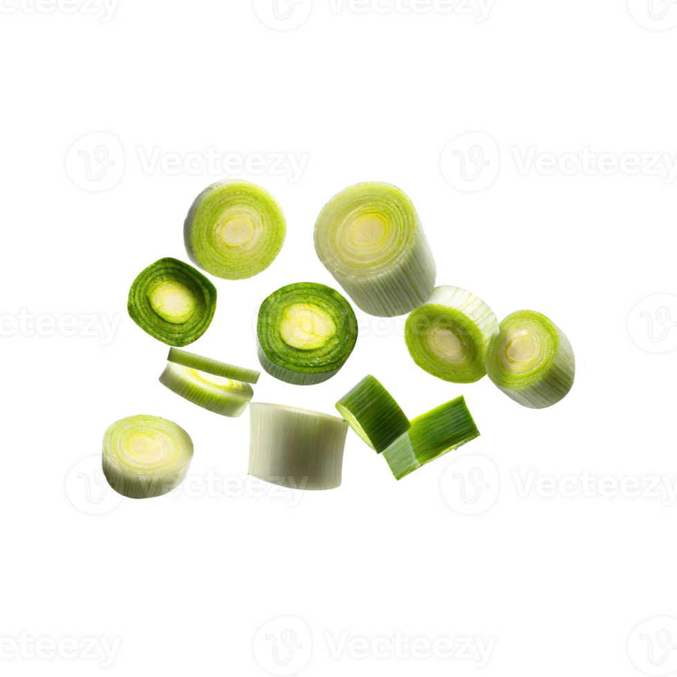 AI generated Floating Slices Of Leek, Without Shadow, Isolated Transparent Background png
