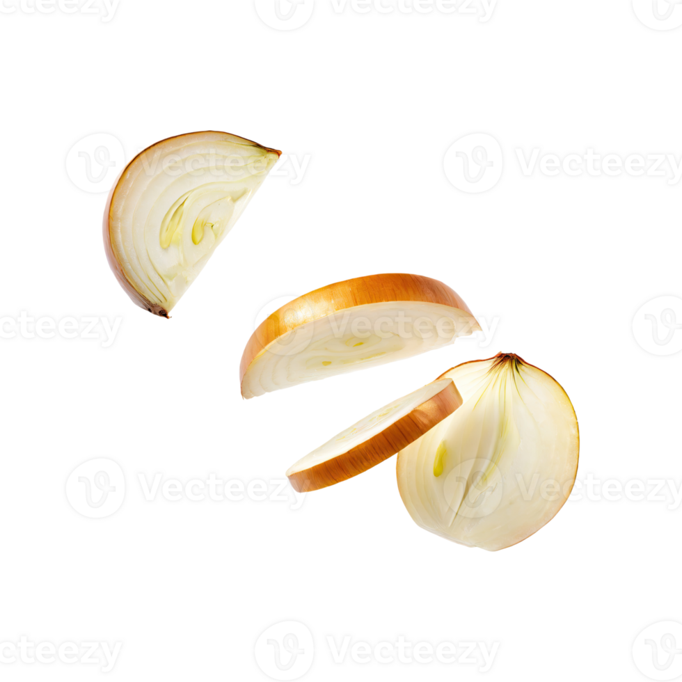 AI generated Floating Slices Of Bombay Onion, Without Skin, Without Shadow, Isolated Transparent Background png