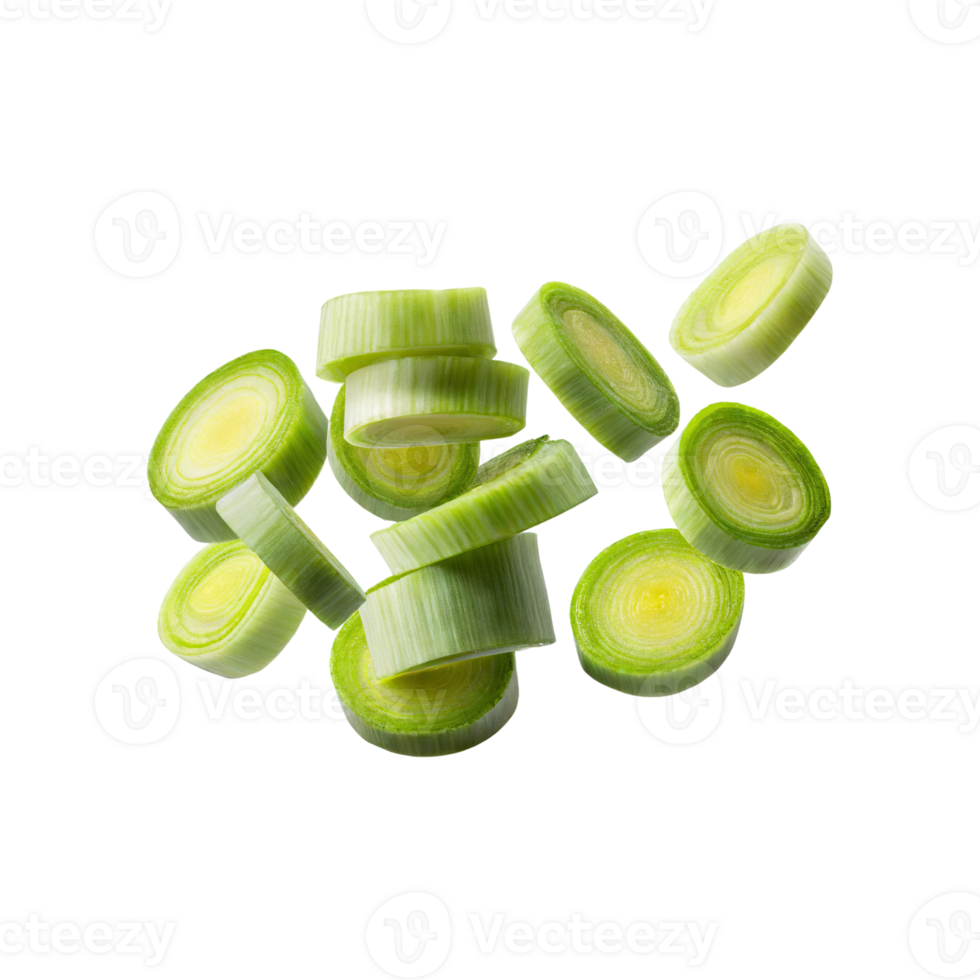 AI generated Floating Slices Of Leek, Without Shadow, Isolated Transparent Background png