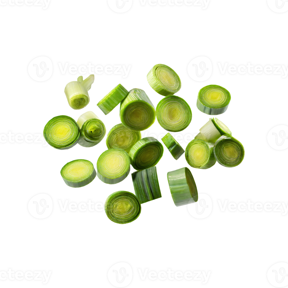 AI generated Floating Slices Of Leek, Without Shadow, Isolated Transparent Background png