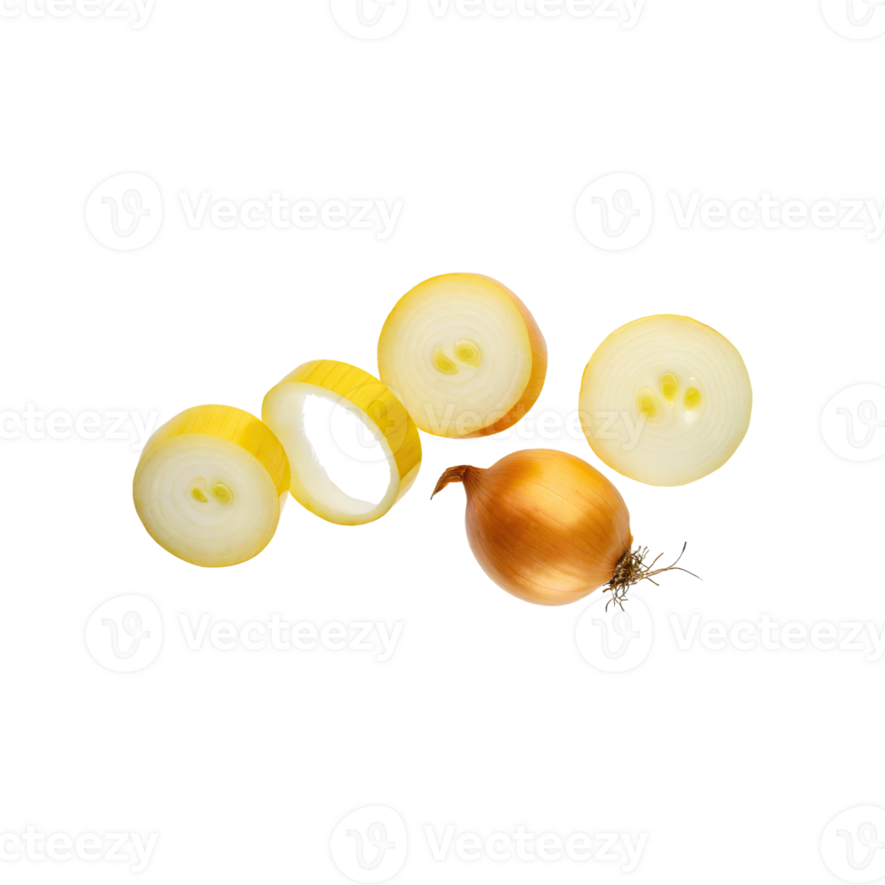 AI generated Floating Slices Of Bombay Onion, Without Skin, Without Shadow, Isolated Transparent Background png