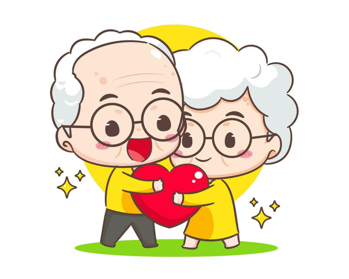 cute couple grandparents show love sign. Grandpa and grandma cartoon character. Happy old couple. Chibi vector style. Isolated white background
