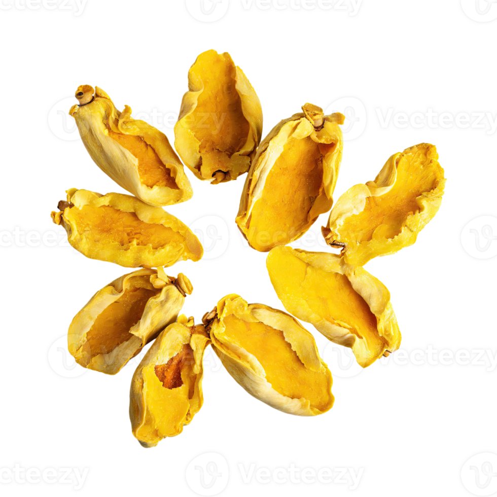 AI generated Floating Of Dried Yellow Mangoesteen, Without Shadow, Isolated Transparent Background png
