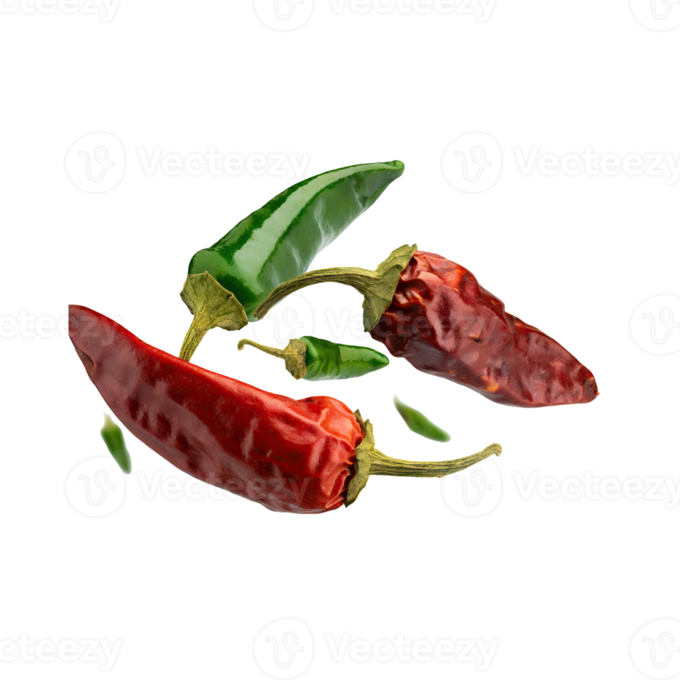 AI generated Green And Red Dried Small Chilies Cayenne, Isolated Transparent Background png
