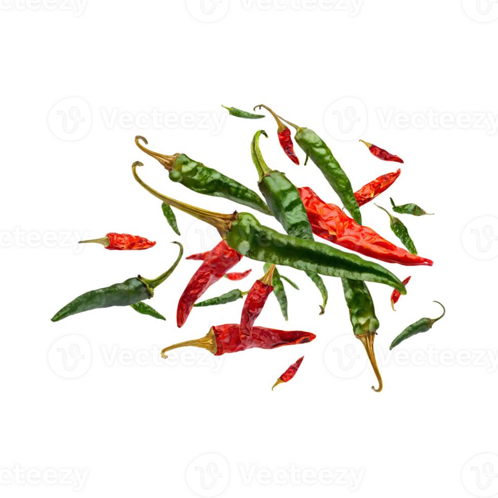AI generated Green And Red Dried Small Chilies Cayenne, Isolated Transparent Background png