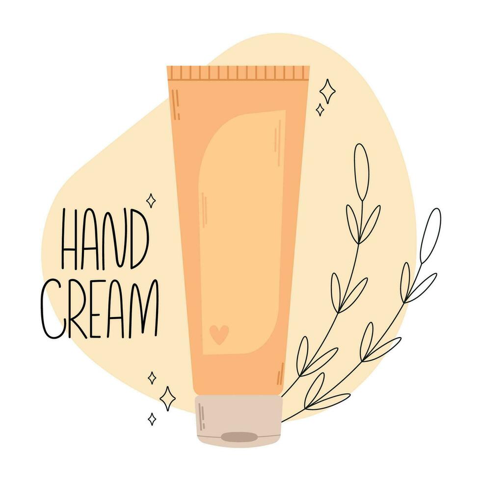 Hand cream bottle for daily skin and body care with flower background. Moisturizing lotion. Vector