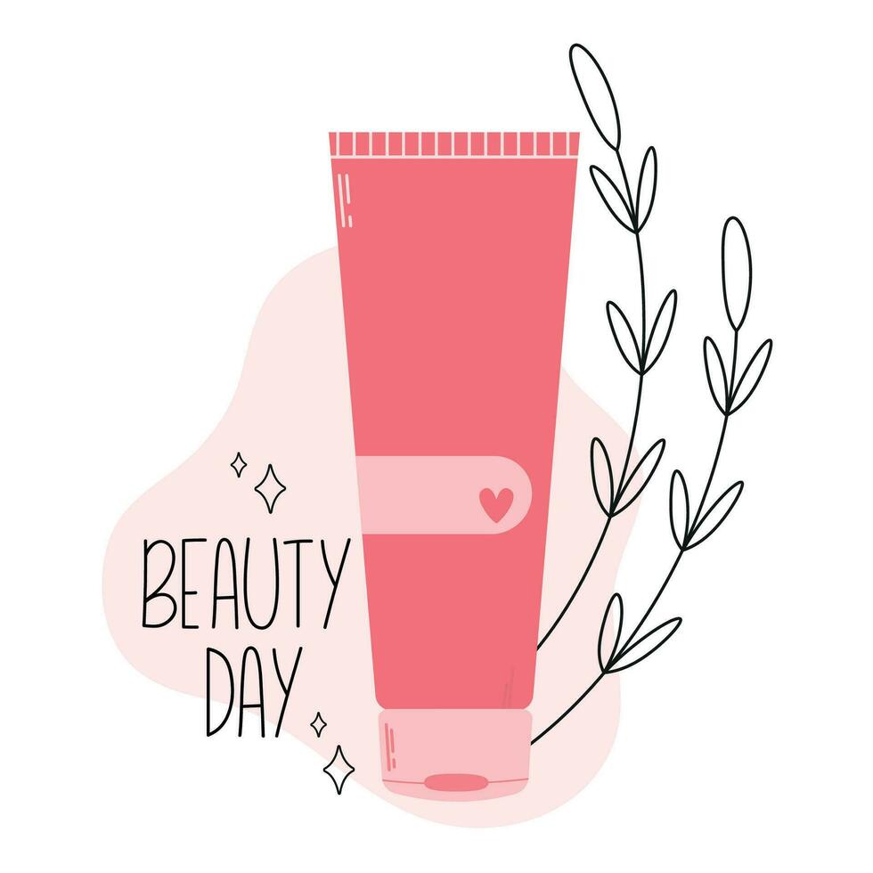 Daily skin and body care. Hand cream bottle with flower background. Moisturizing lotion. Vector