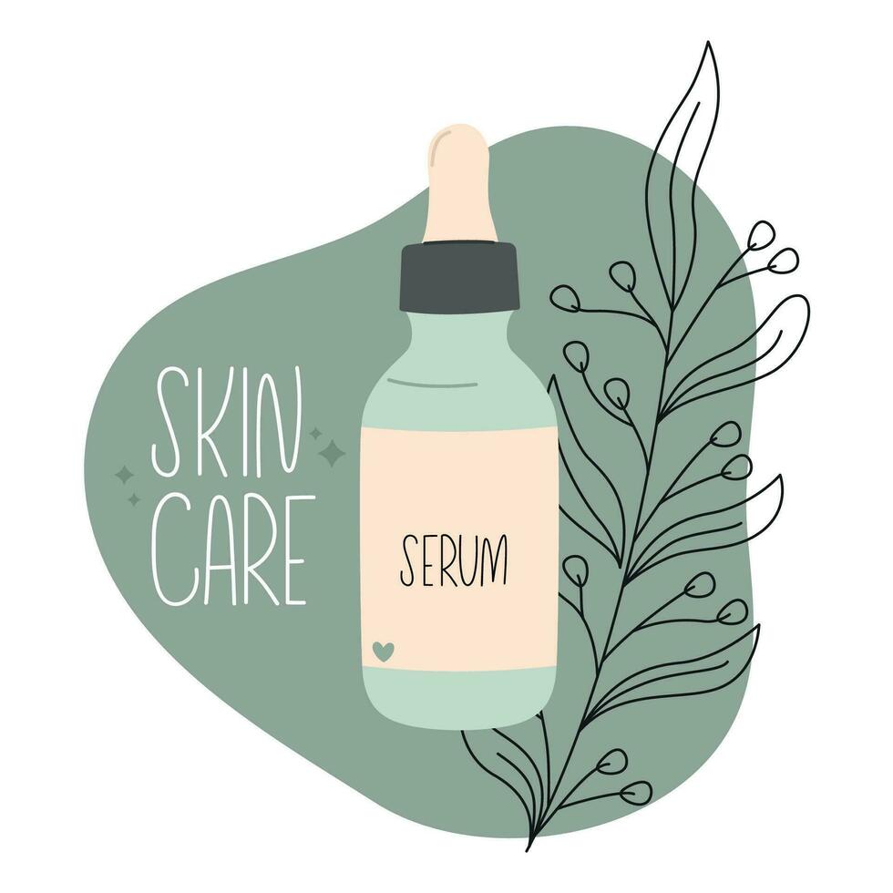 Glass dropper bottle with pipette with cosmetic product for skin care. Beauty day routine. Vector