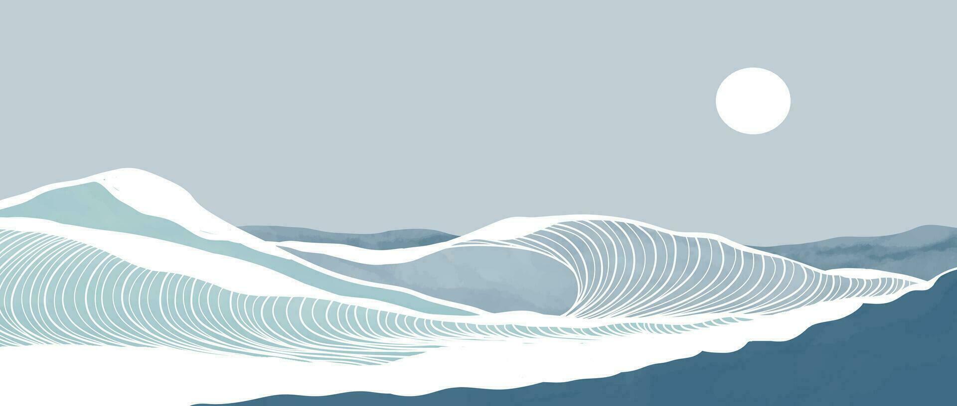 Blue Ocean wave landscape illustrations. Creative minimalist modern line art print. Abstract contemporary aesthetic backgrounds landscapes. with Ocean, sea, skyline, waves and sunrise vector