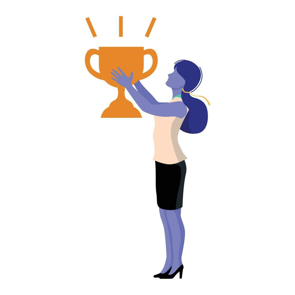 Cartoon vector illustration ofsuccess woman winning and jumpint with award