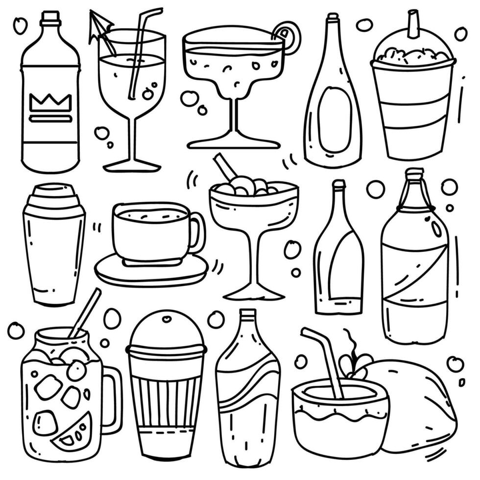 Hand drawn of beverages in doodle style isolated on white background, Vector hand drawn set beverages theme. Vector illustration