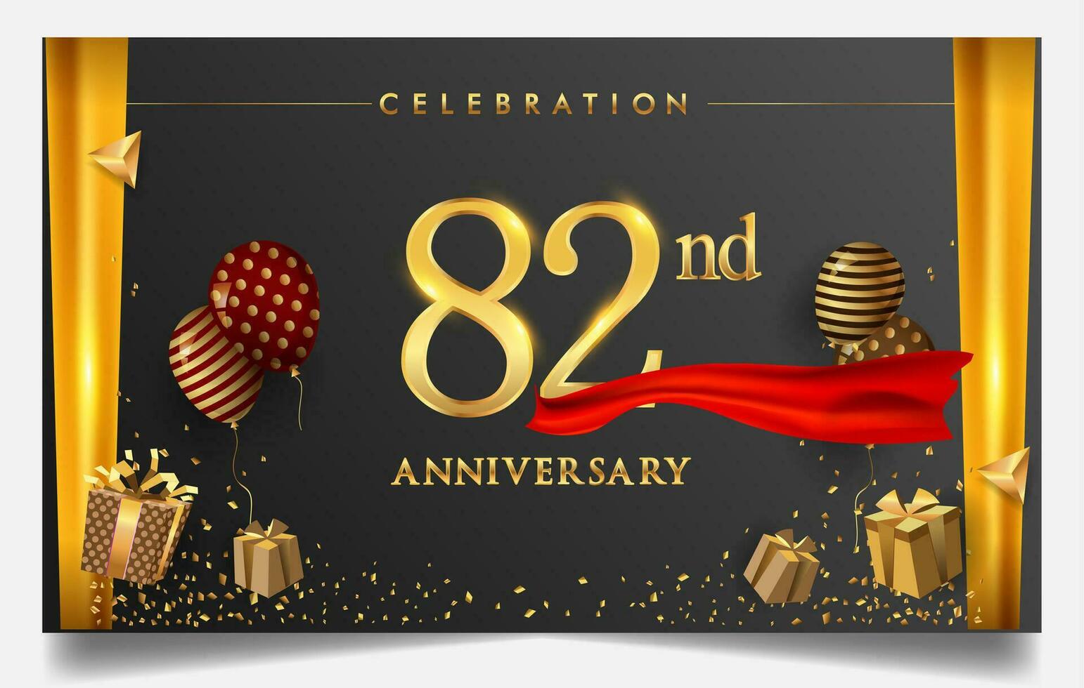 80 años aniversario diseño para saludo tarjetas y invitación, con globo, papel picado y regalo caja, elegante diseño con oro y oscuro color, diseño modelo para cumpleaños celebracion. vector