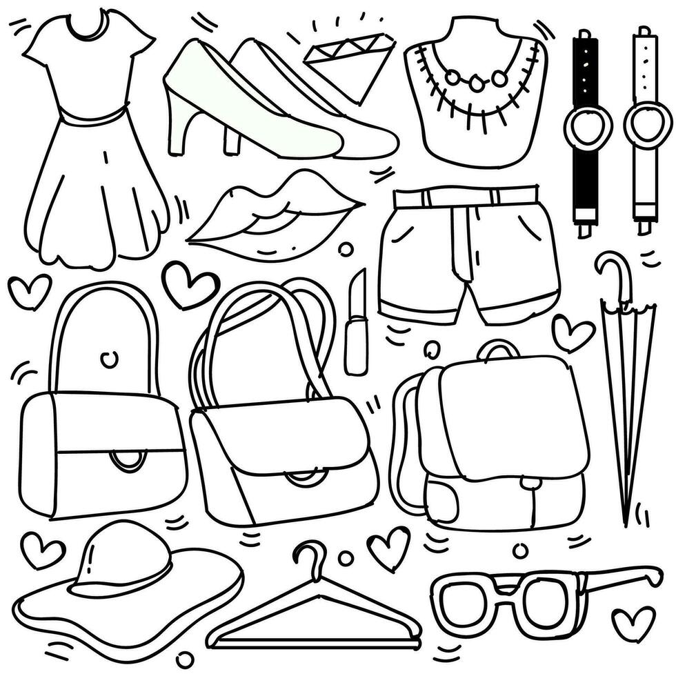 Set of woman fashion accessories in doodle style isolated on white background, Vector hand drawn set clothing  theme. Vector illustration