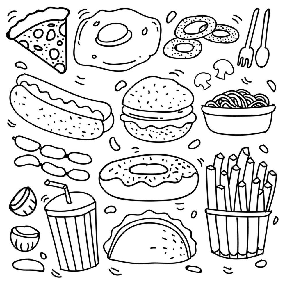 Set of hand drawn food isolated on white background, doodle set of fast food. Vector illustration