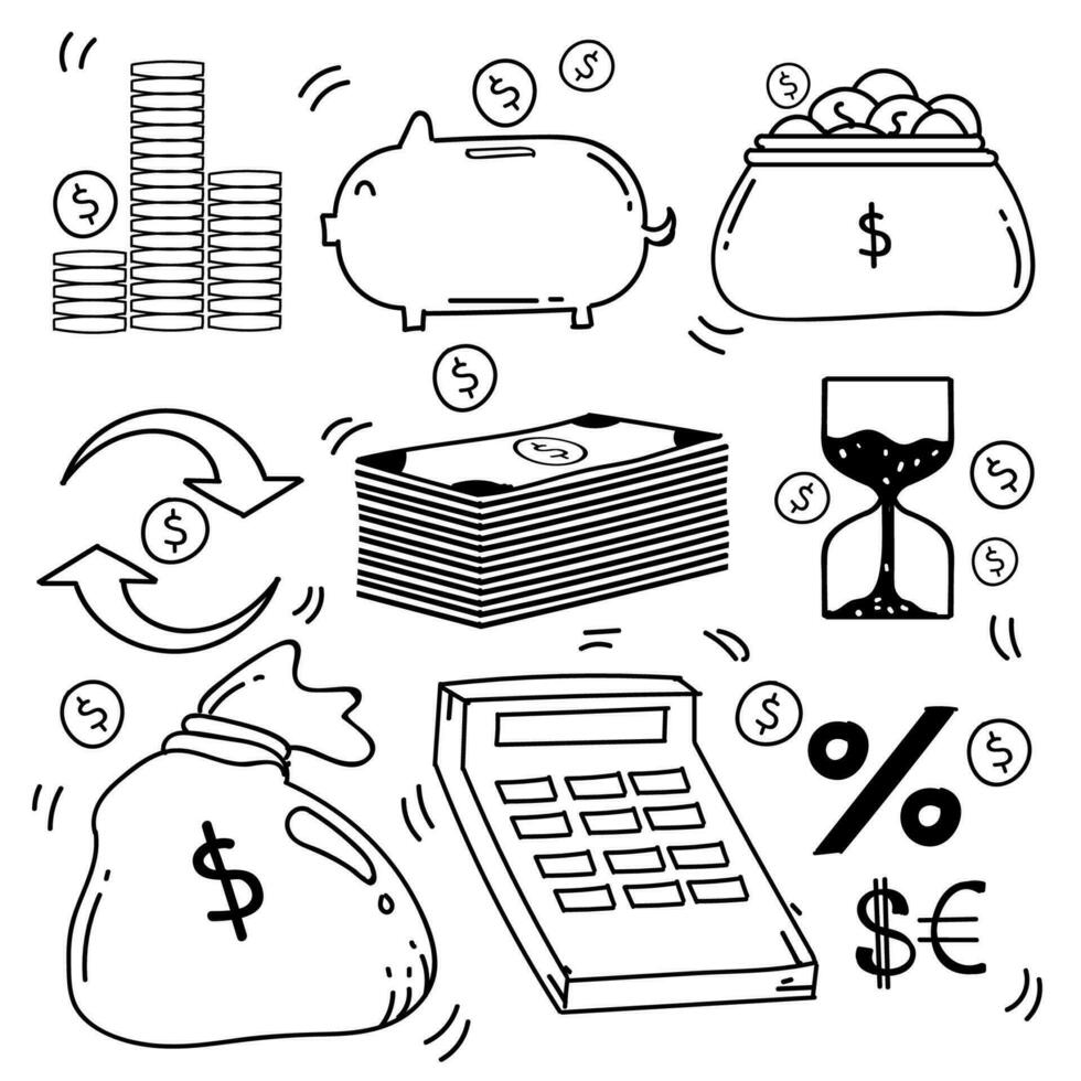 Set of Hand Drawn Doodle Business and Tax, finance icons Theme Doodle Collection In White Isolated Background vector