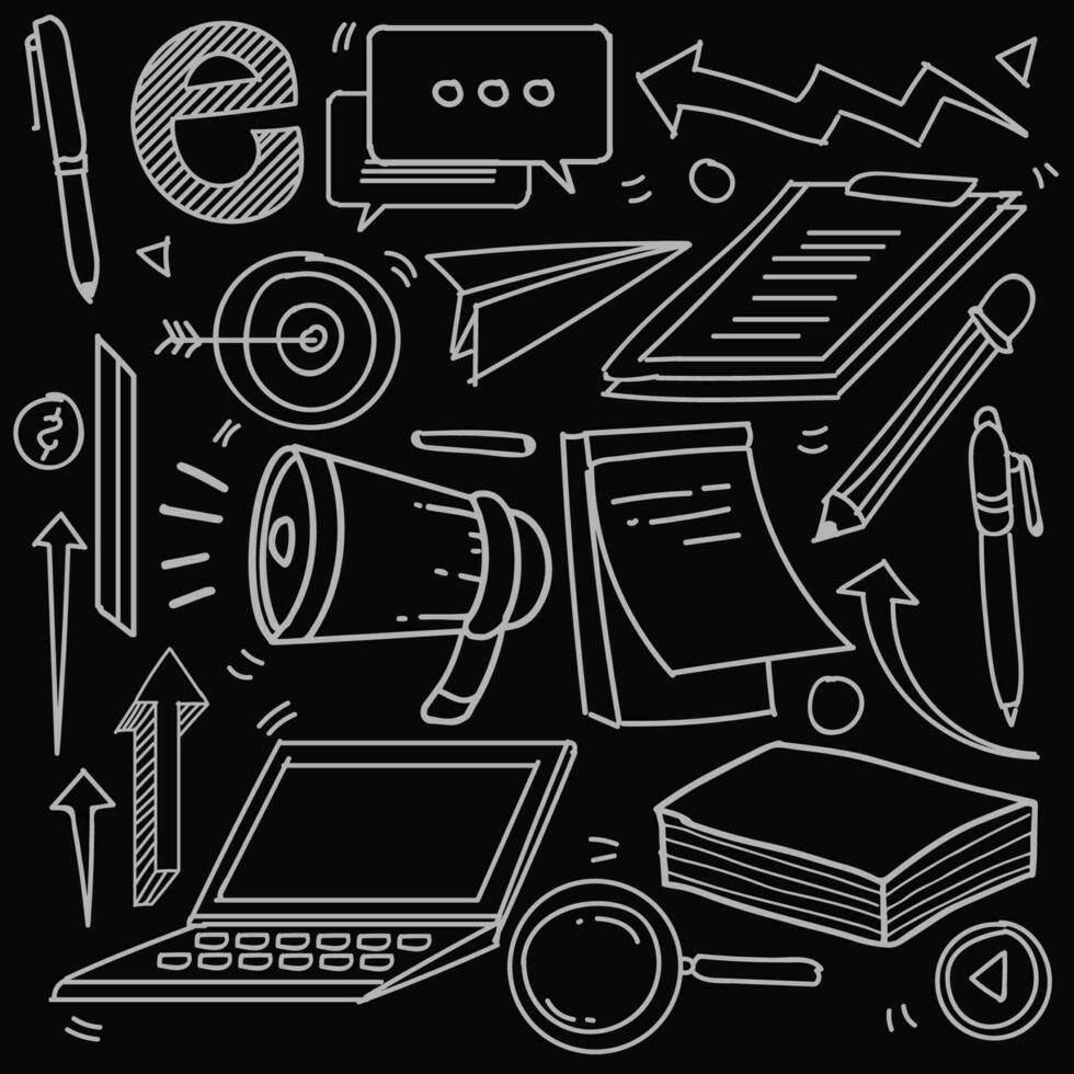 Set of business theme in doodle style isolated on black background, Vector hand drawn set business theme. Vector illustration