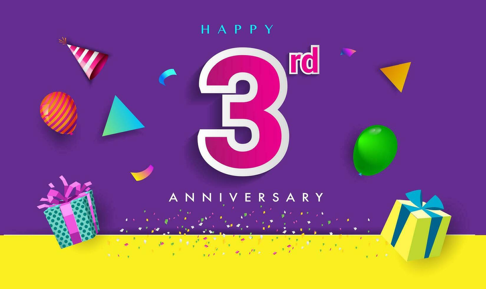 3rd Years Anniversary Celebration Design, with gift box and balloons, ribbon, Colorful Vector template elements for your birthday celebrating party.