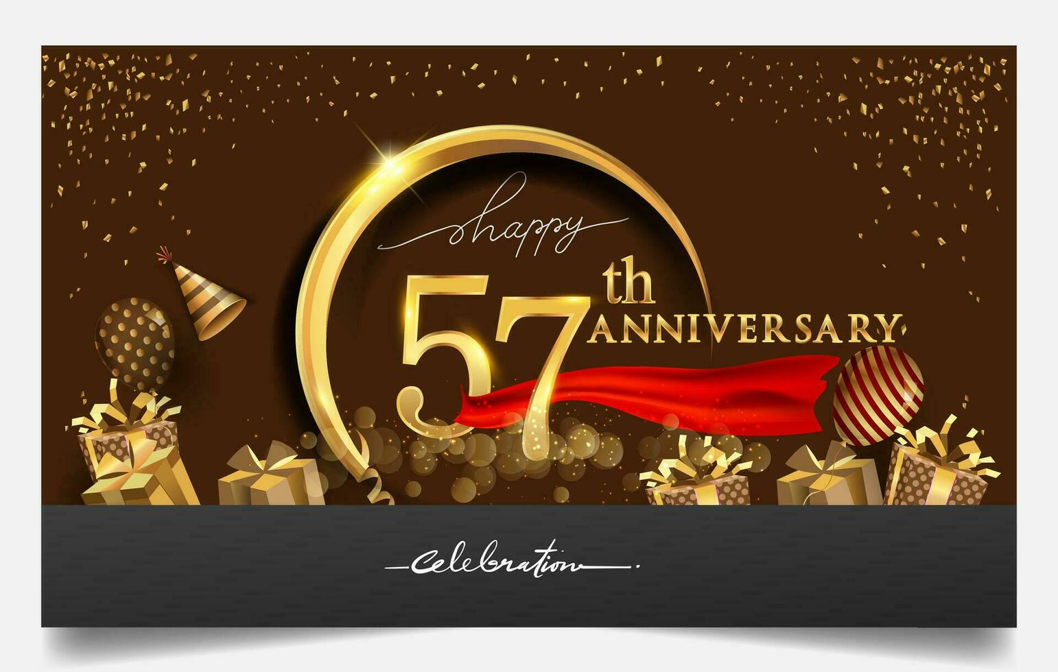 50th years anniversary design for greeting cards and invitation, with balloon, confetti and gift box, elegant design with gold and dark color, design template for birthday celebration. vector