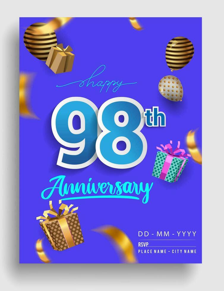 98th Years Anniversary invitation Design, with gift box and balloons, ribbon, Colorful Vector template elements for birthday celebration party.