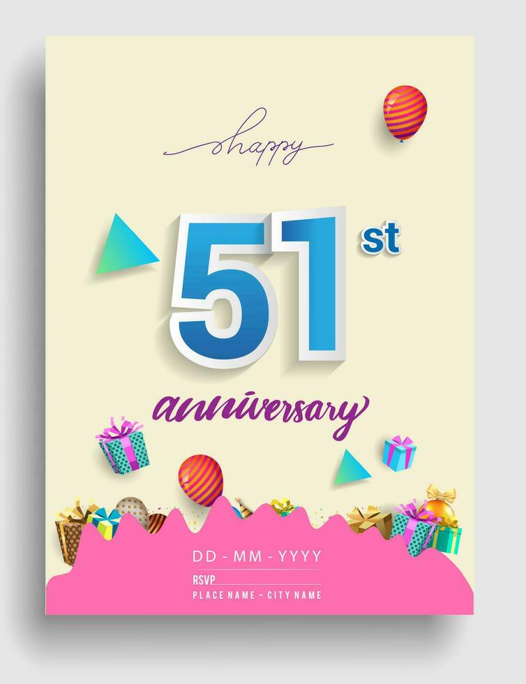 51º años aniversario invitación diseño, con regalo caja y globos, cinta, vistoso vector modelo elementos para cumpleaños celebracion fiesta.