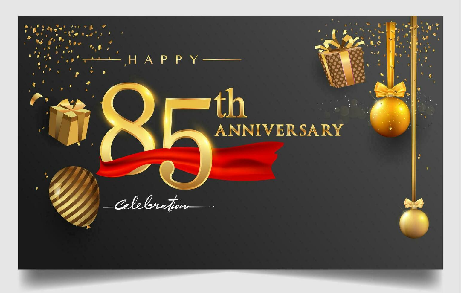 80th years anniversary design for greeting cards and invitation, with balloon, confetti and gift box, elegant design with gold and dark color, design template for birthday celebration. vector