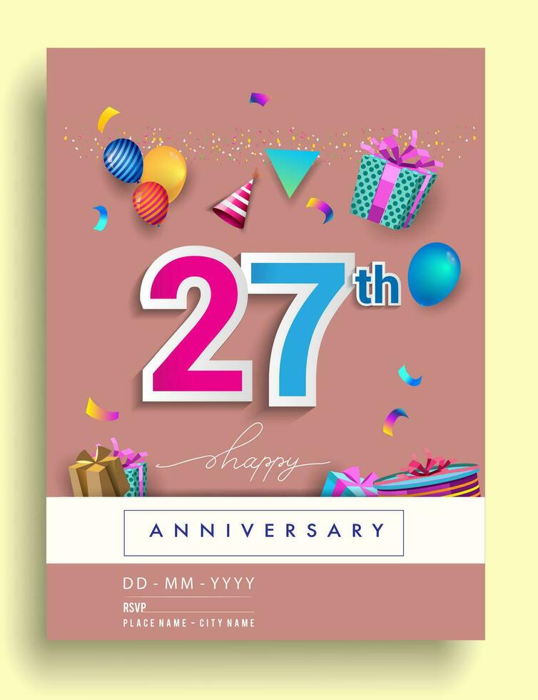 27th Years Anniversary invitation Design, with gift box and balloons, ribbon, Colorful Vector template elements for birthday celebration party.