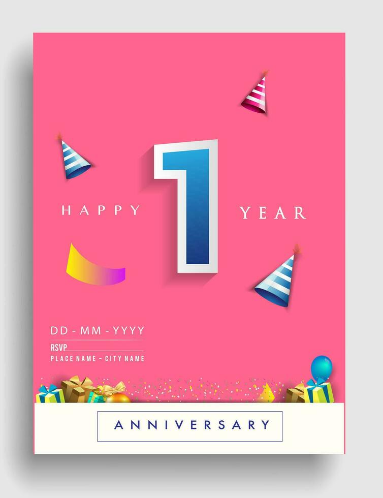 Primero año aniversario invitación diseño, con regalo caja y globos, cinta, vistoso vector modelo elementos para cumpleaños celebracion fiesta.