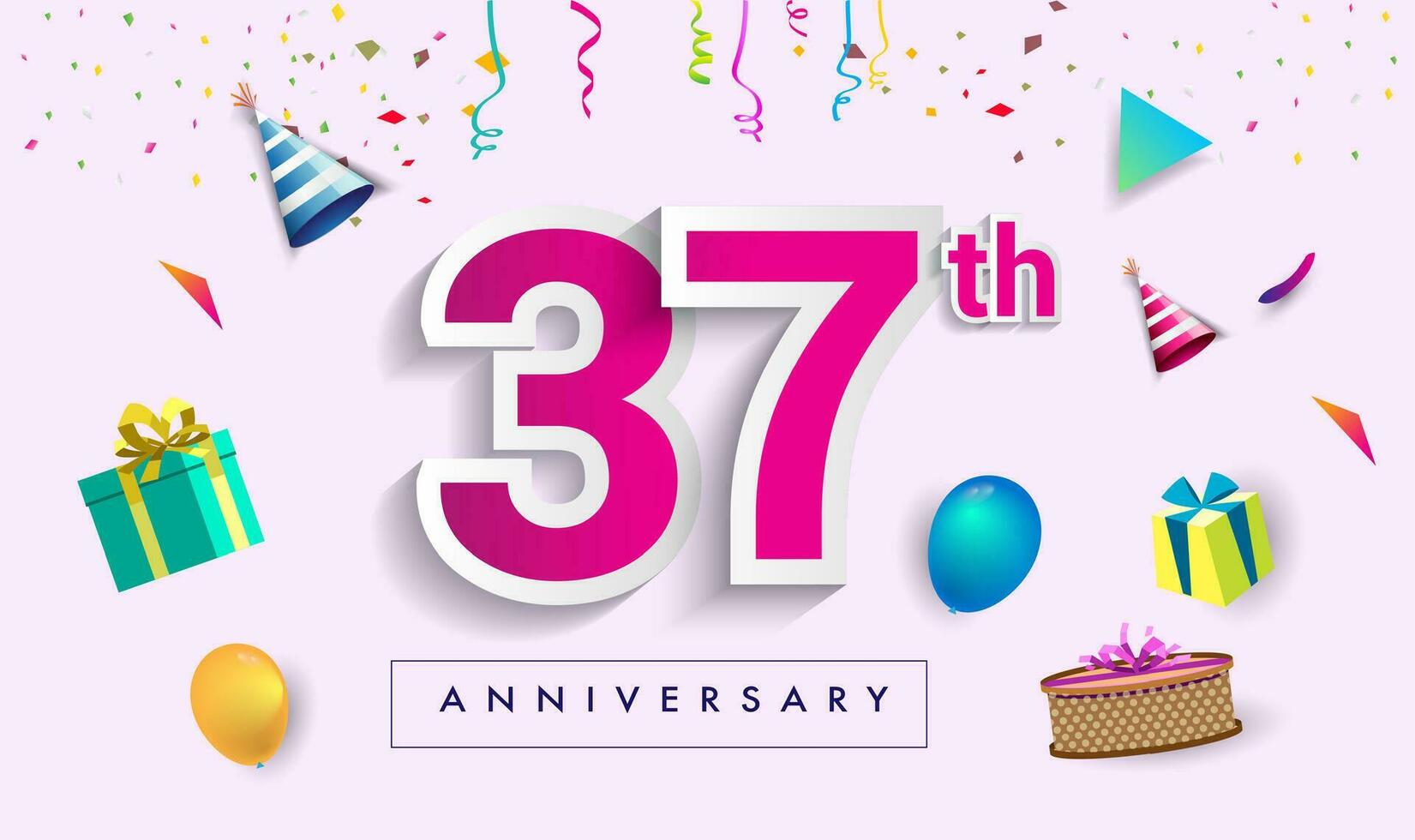 37th Years Anniversary Celebration Design, with gift box and balloons, ribbon, Colorful Vector template elements for your birthday celebrating party.