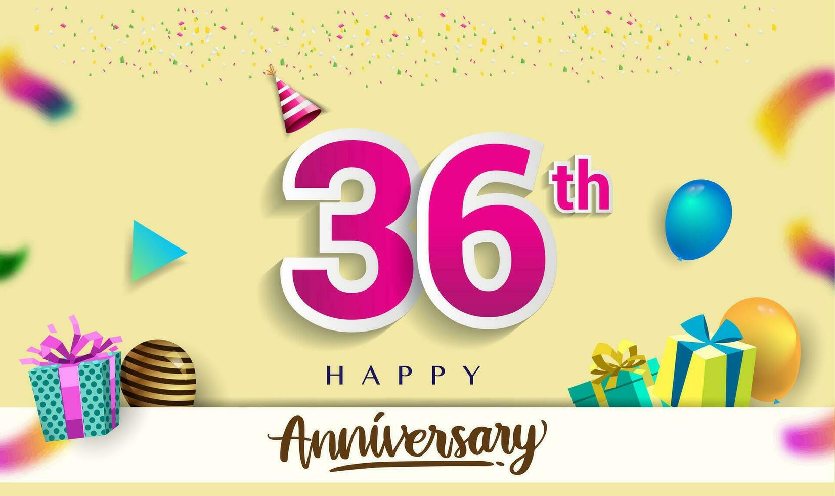 36th Years Anniversary Celebration Design, with gift box and balloons, ribbon, Colorful Vector template elements for your birthday celebrating party.