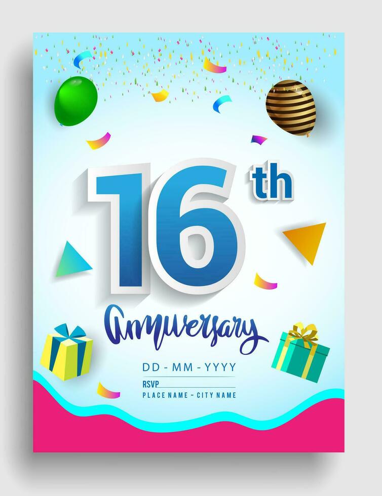 10 años aniversario invitación diseño, con regalo caja y globos, cinta, vistoso vector modelo elementos para cumpleaños celebracion fiesta.