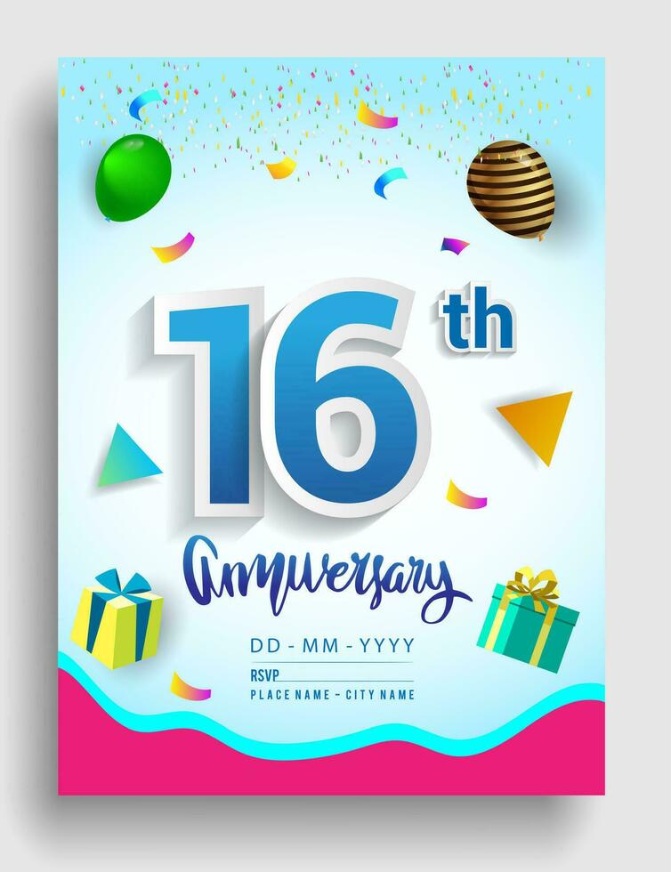 10th Years Anniversary invitation Design, with gift box and balloons, ribbon, Colorful Vector template elements for birthday celebration party.