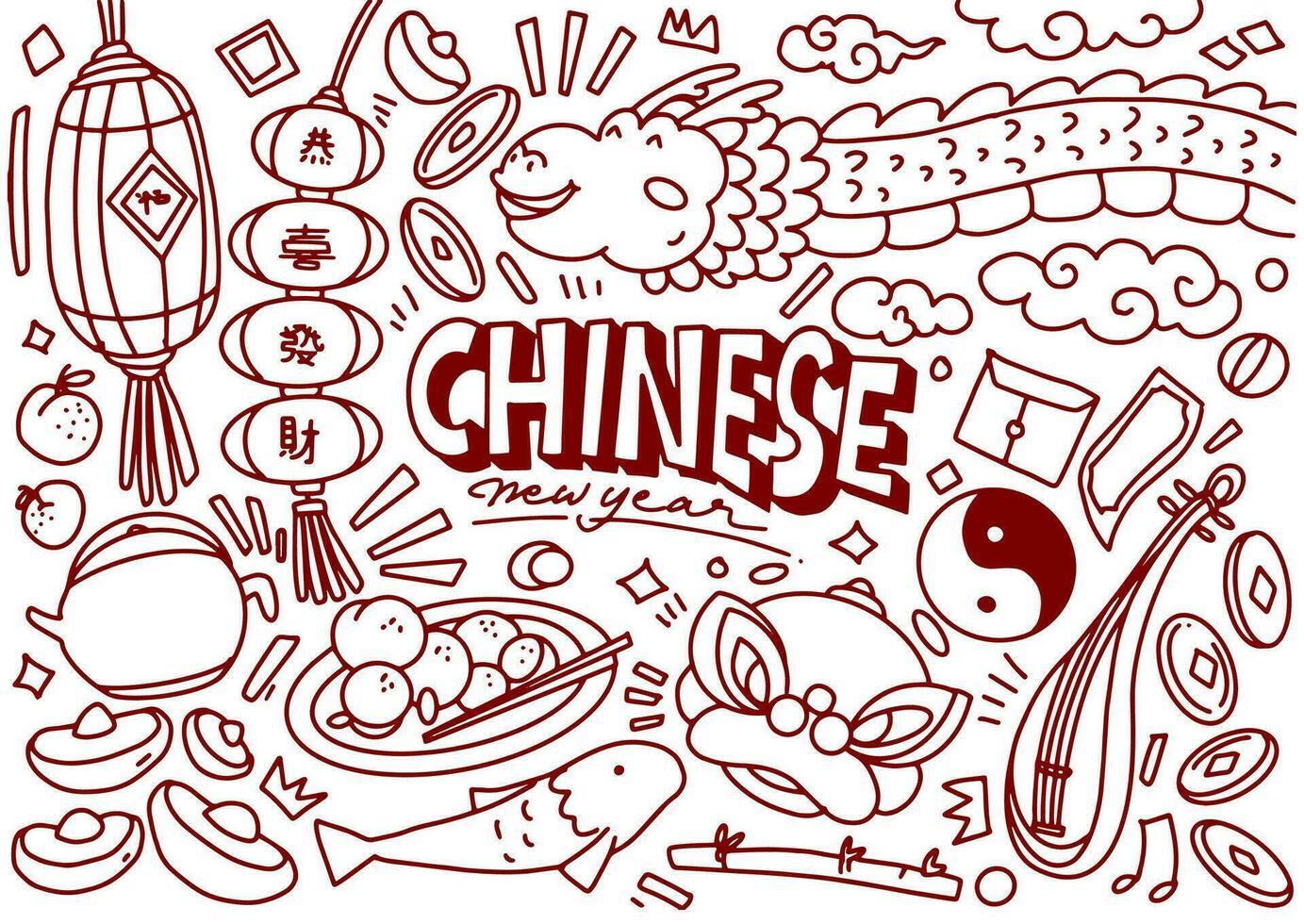 Set of Chinese new year doodle isolated on white background vector