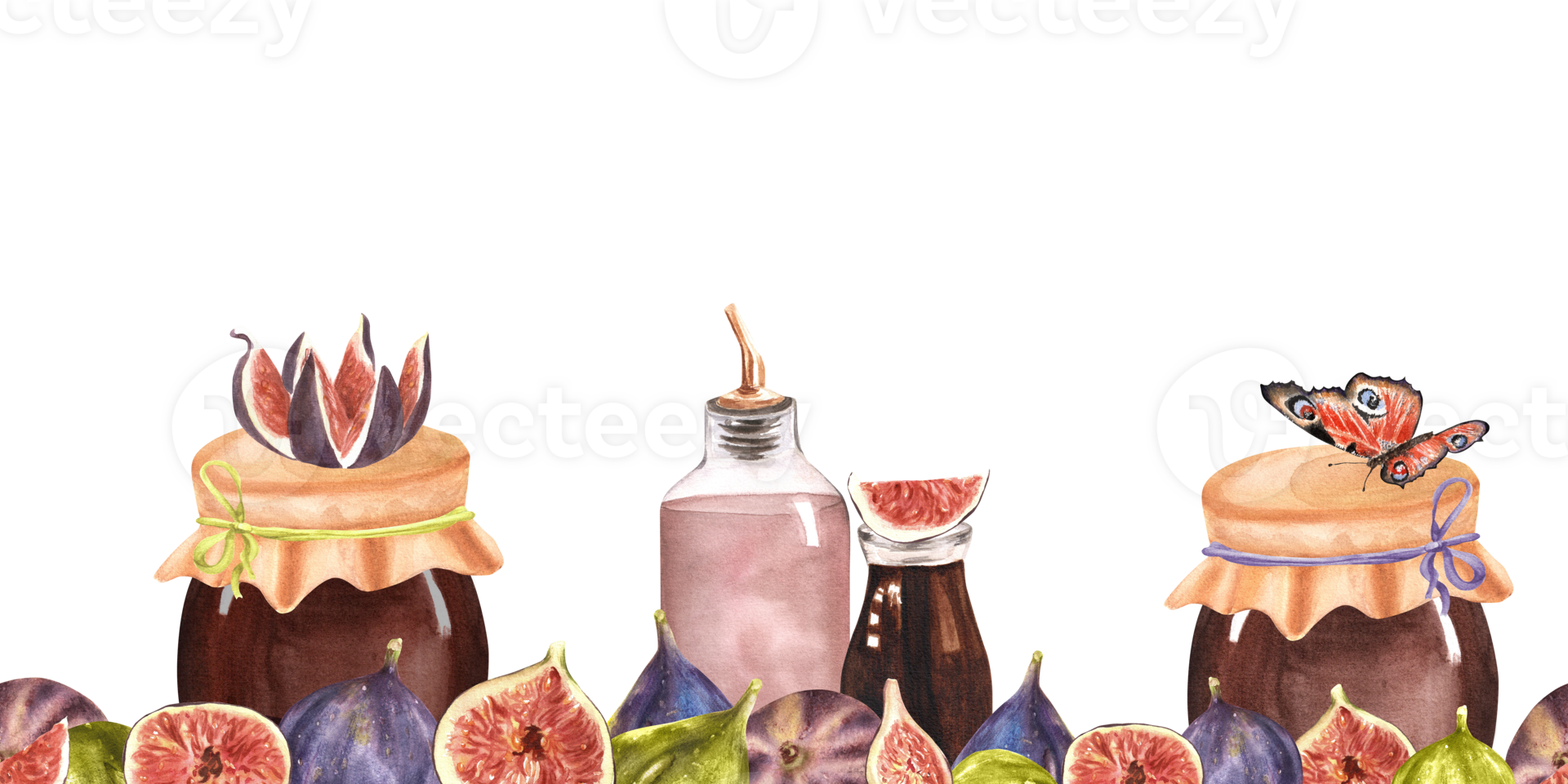 Hand-drawn watercolor illustration. Seamless border with glass jars and bottles with fig jam, syrup and lemonade, fresh figs and slices png