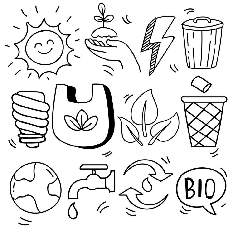 Set of hand drawn ecology, ecology problem and green energy icons in doodle style, vector illustration