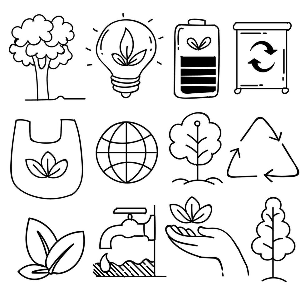 Set of hand drawn ecology, ecology problem and green energy icons in doodle style, vector illustration