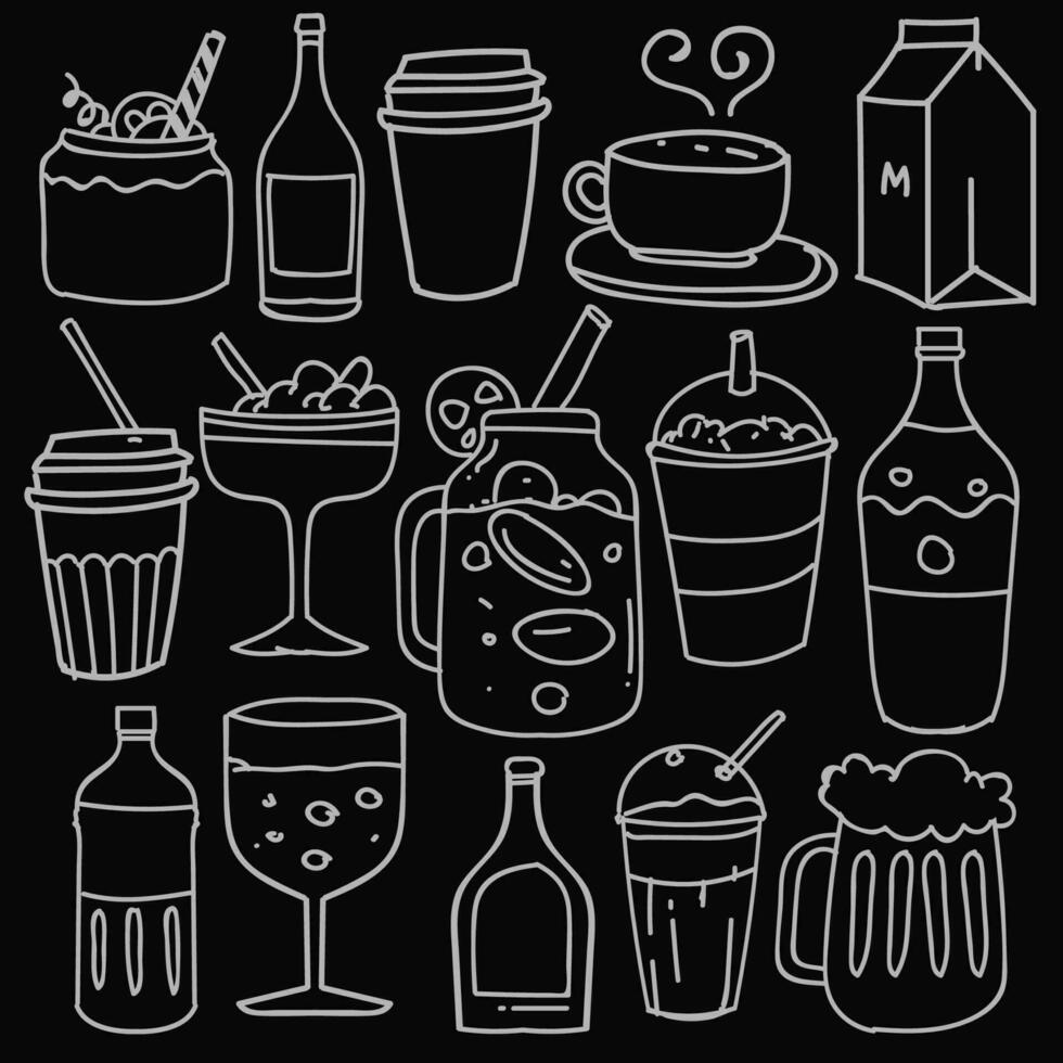 Hand drawn of beverages in doodle style isolated on black background, Vector hand drawn set beverages theme. Vector illustration