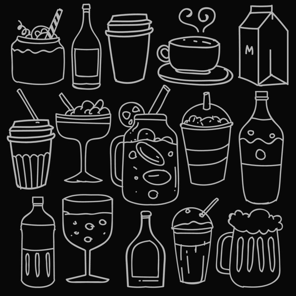 Hand drawn of beverages in doodle style isolated on black background, Vector hand drawn set beverages theme. Vector illustration