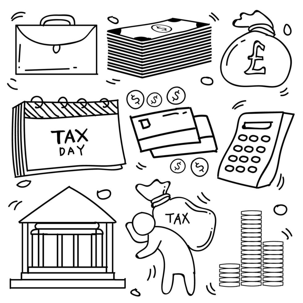 Set of Hand Drawn Doodle Business and Tax, finance icons Theme Doodle Collection In White Isolated Background vector