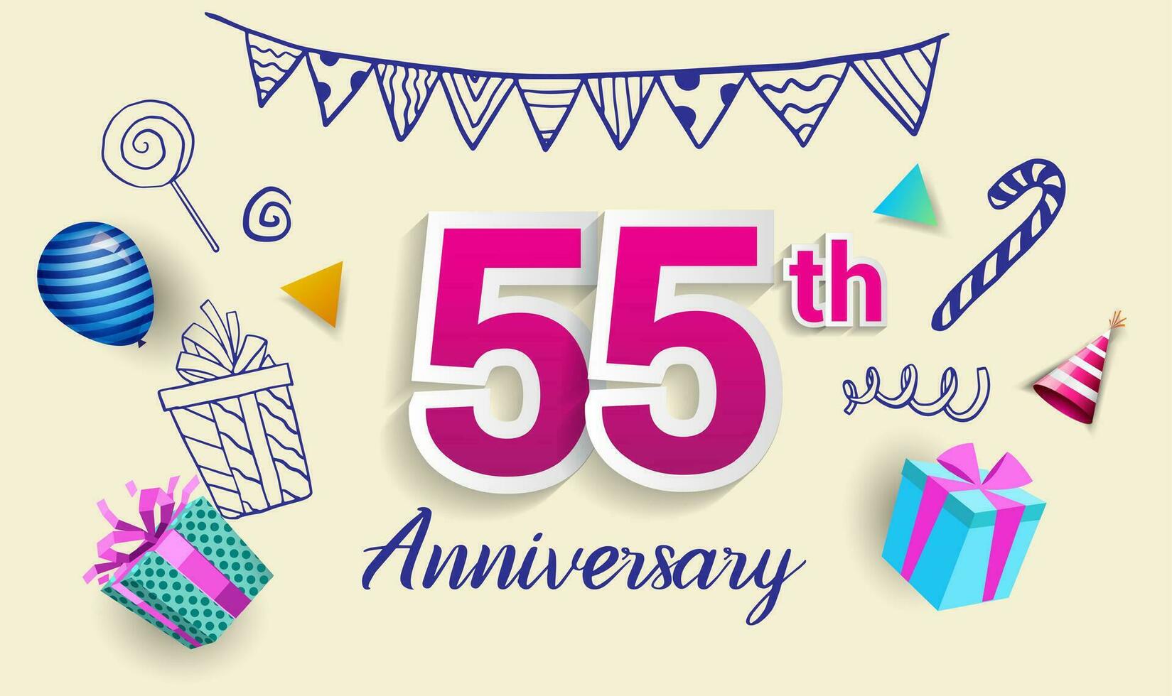 55th Years Anniversary Celebration Design, with gift box and balloons, ribbon, Colorful Vector template elements for your birthday celebrating party.