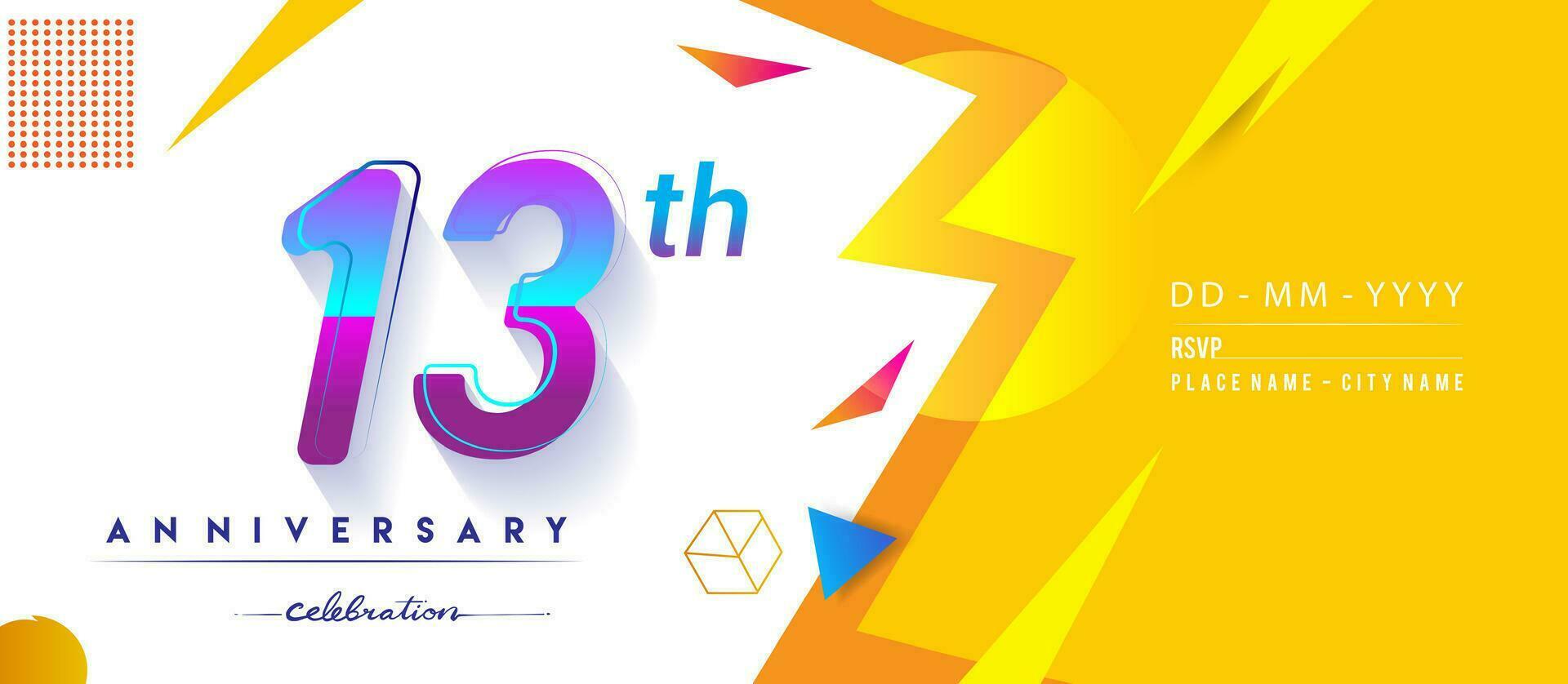 13th years anniversary logo, vector design birthday celebration with colorful geometric background and circles shape.
