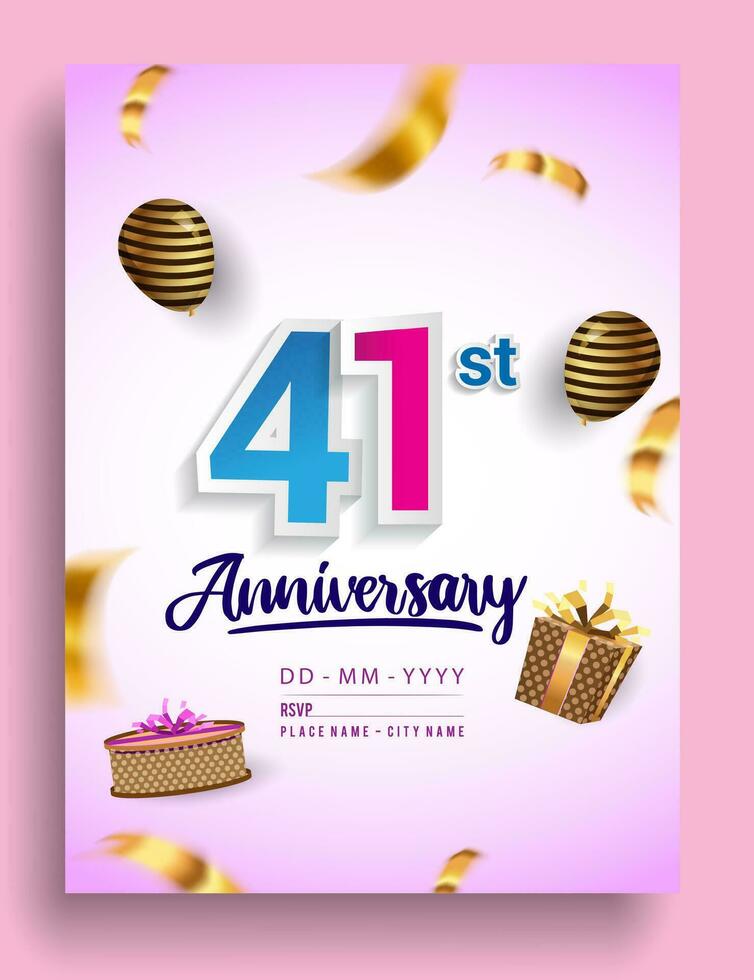 41st Years Anniversary invitation Design, with gift box and balloons, ribbon, Colorful Vector template elements for birthday celebration party.