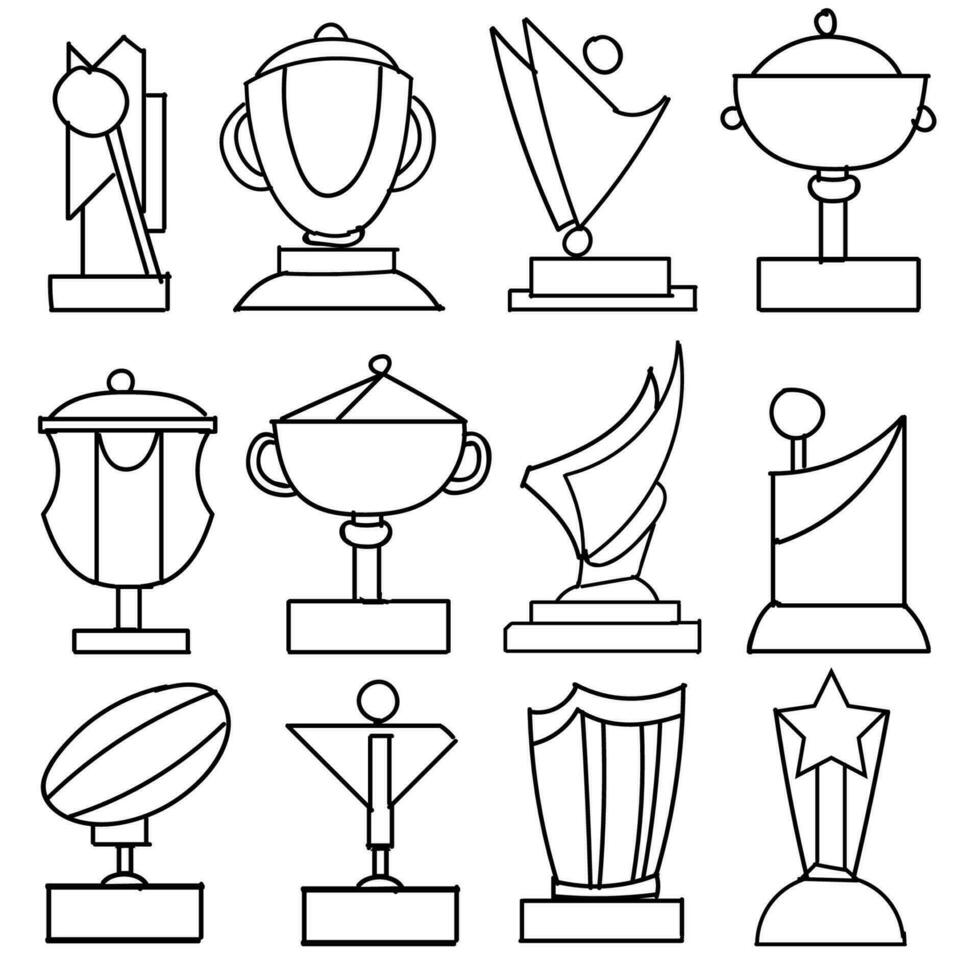 Set of Drawings Winner Trophy Theme Doodle Collection In White Isolated Background vector