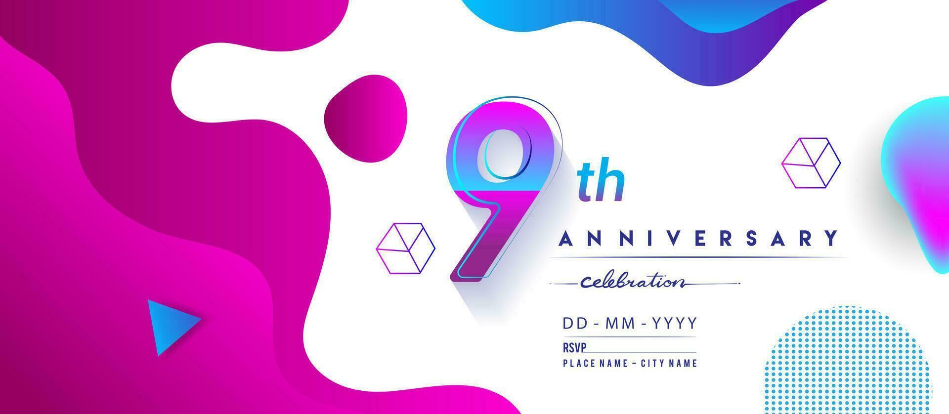 9th years anniversary logo, vector design birthday celebration with colorful geometric background and circles shape.
