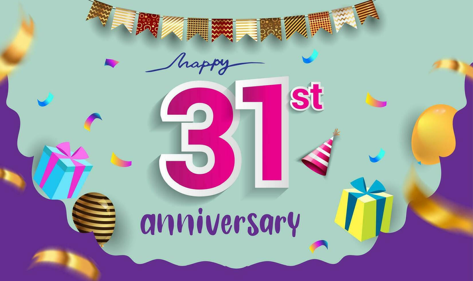 31st Years Anniversary Celebration Design, with gift box and balloons, ribbon, Colorful Vector template elements for your birthday celebrating party.