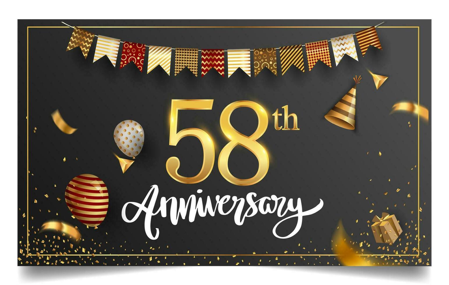 50th years anniversary design for greeting cards and invitation, with balloon, confetti and gift box, elegant design with gold and dark color, design template for birthday celebration. vector